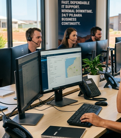 IT support team taking calls at a help desk with headsets