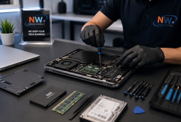 Technician repairing a laptop with replacement parts and tools laid out