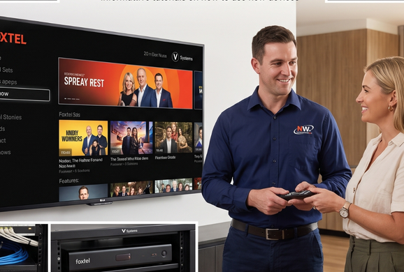 NW Communications technician demonstrating a Foxtel TV setup to a customer