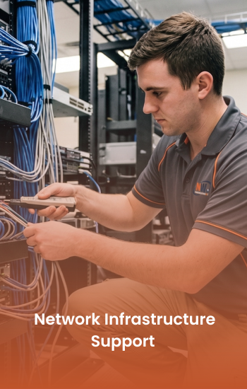 Technician servicing network cabling in a server rack