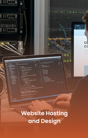 Developer working on website code with a server rack in the background