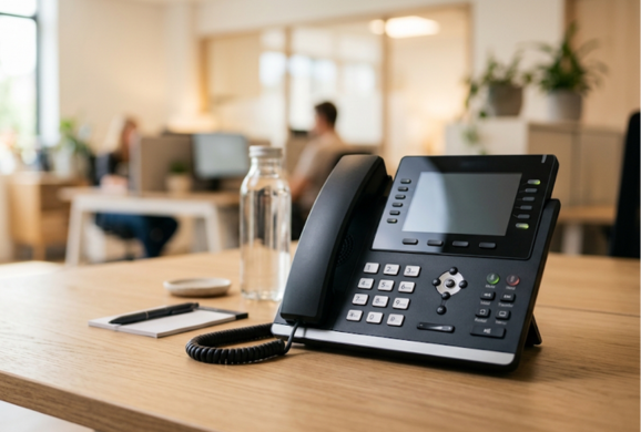 VoIP business phone on a desk in a modern office