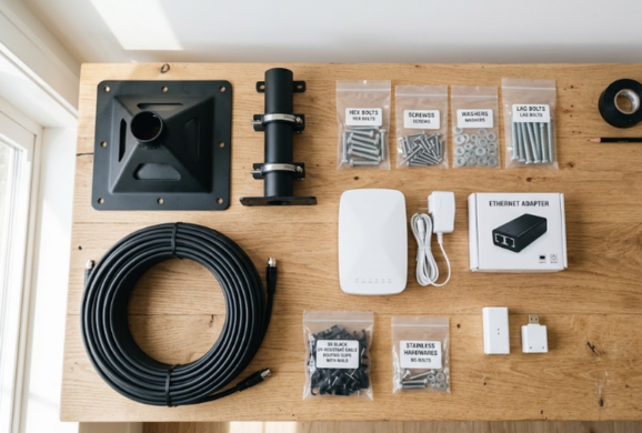 Starlink accessory kit laid out, including mounting bracket, cable, router and hardware